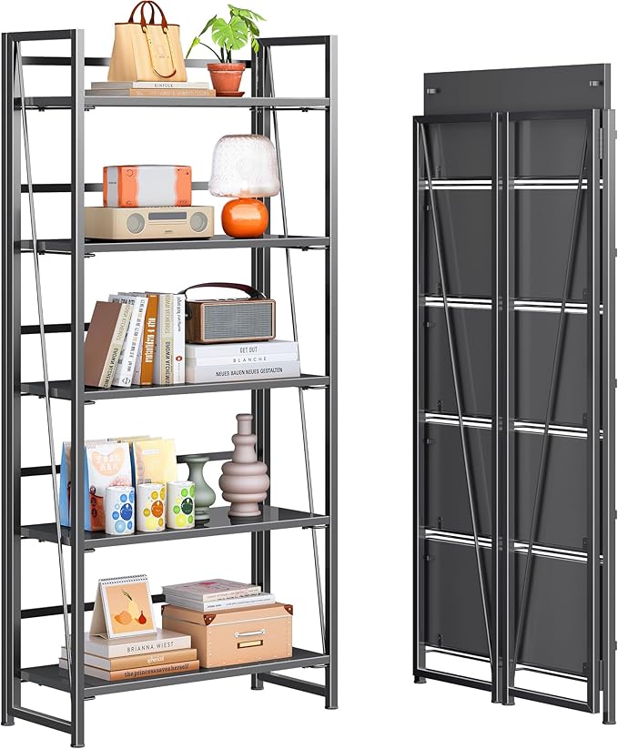 4NM No Assembly Folding Bookshelf, 5-Shelf 62.2" H Collapsible Foldable Bookcase Storage for Small Spaces, All Black