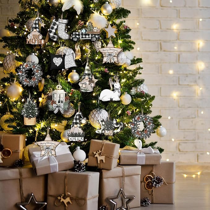 Huwena 36 Pcs Christmas Wooden Ornaments Buffalo Plaid Christmas Decorations for Tree Snowman Gnomes Poinsettia Flowers Truck Wreath Wood Cutouts Tags with Ropes Winter Decor for Xmas Tree Gifts