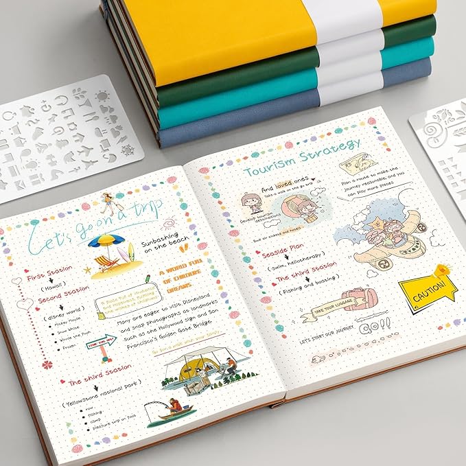 AHGXG Bullet Dotted Journal - 320 Pages Dot Grid Notebook B5 Large Journal, 100gsm Thick Dotted Paper, Leather Softcover, with Journal Stencils, Inner Pocket, 7.6'' X 10'' - Black