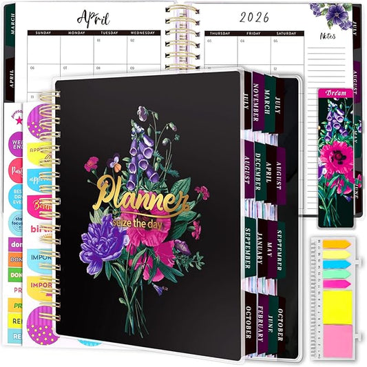 Planner 2025-2026, 18 Months Large Academic Daily Weekly Monthly Planner Organizer, July. 2025 - Dec. 2026, 8.5x9.8" Agenda with Page Tabs, Separator Page, Pocket Folder, Bookmark, Stickers & Sticky Note Set