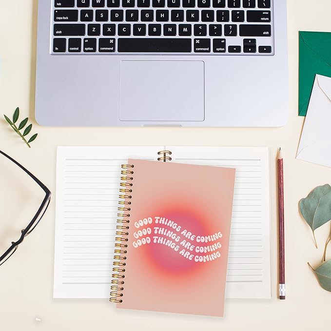 BearCake Trendy Y2K Pink Aura Preppy Notebook Journal, Wavy Good Things are Coming Inspirational Notebooks, Aesthetic Notebooks, Pink Aesthetic Office Supplies, Hardcover Spiral Notebook 5.5x8.3
