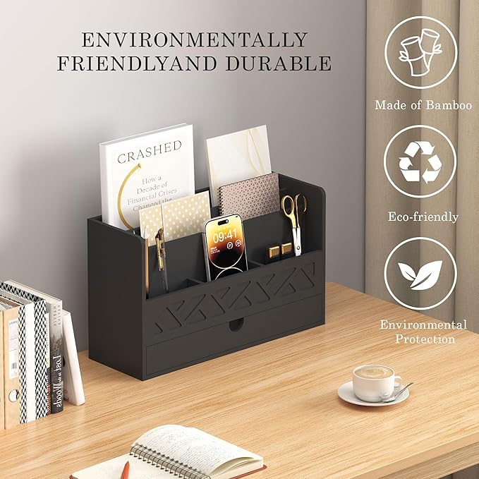 Bamboo Mail Organizer Countertop Desktop with Drawer - Desk Organizer with File Organizer for Office Supplies All-in-One Desk File Organization with Pencil Holder for Paper Letter Envelope Bill