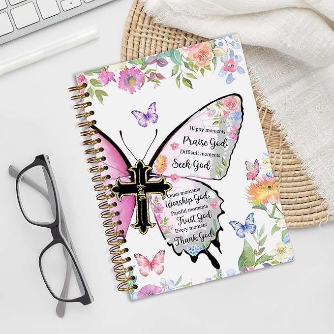 Bible Notebook, A5 Spiral Christian Journal with Floral Pink Butterfly Notebook, Bible Verse-God Says You Are, Inspirational Notebooks for Women, Bible Study, Gift for Birthday Christmas