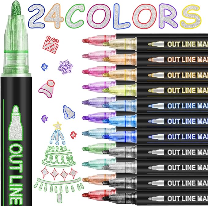 Shimmer Markers for Doodling Outline Pens – 24 Cool Marker Art Supplies for Girls Ages 8-12, Dazzling Metallic Glitter Outline Marker pens for Card Making Art Craft Super Squiggle Double Line Markers