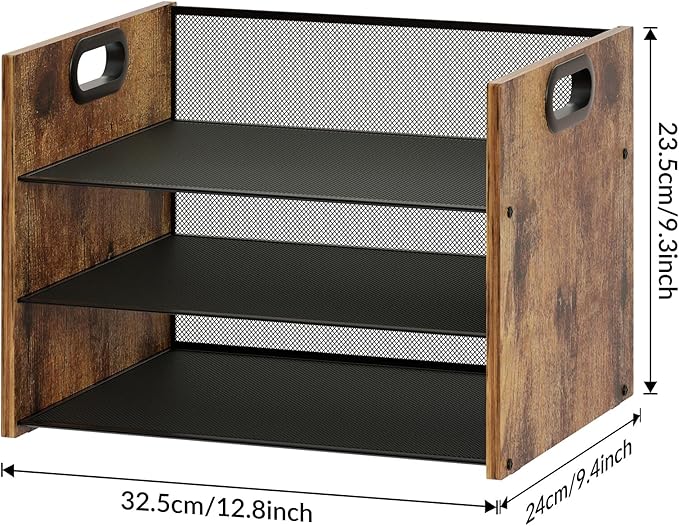 3 Tier Wood Paper Organizer for Desk, Metal Office Organizer and Accessories with Handle, Mesh File Holder for Desk, File Cabinets for Home Office, School