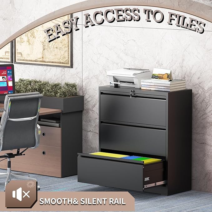 3 Drawer Lateral File Cabinet with Lock, Metal File Cabinet, Lateral File Cabinets for Home Office, Heavy Duty File Storage Cabinet for Legal/Letter/A4 Document, Assembly Required, Black