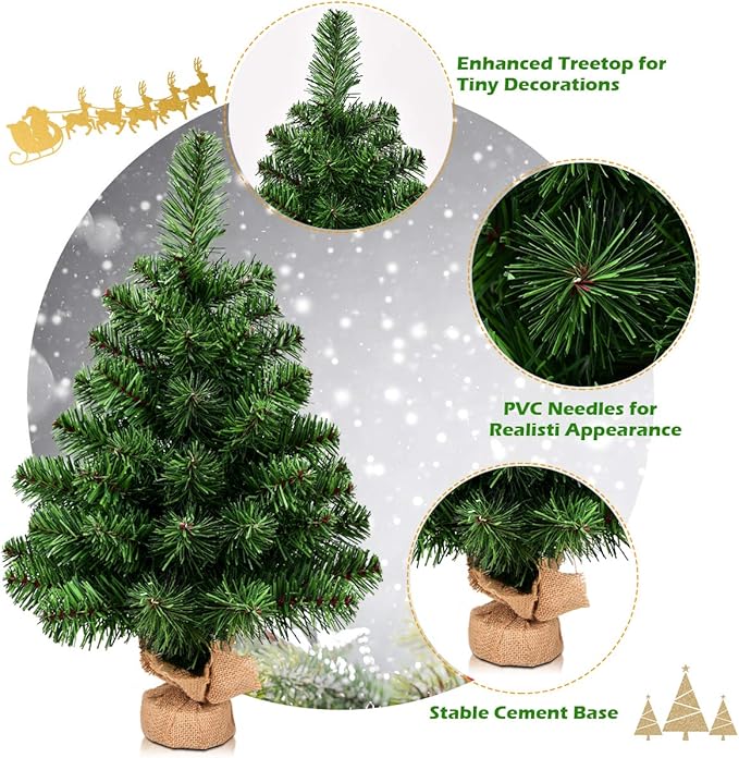 HAPPYGRILL 2 Feet Small Christmas Tree, Artificial Tabletop Mini Christmas Tree with 67 PVC Branch Tips, Burlap Cement Base, Spruce Xmas Tree for Home, Office Holiday Decoration, No Assembly Required