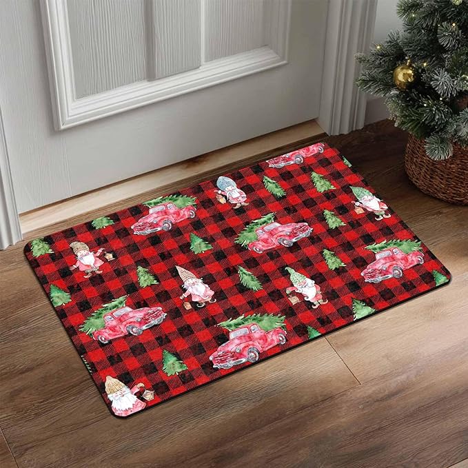 Christmas Front Door Mat Entryway Rug Buffalo Plaid Welcome Matt Front Porch Rugs Santa Claus Truck Doormat Outdoor Entrance Outdoor Rug Floor Mats, 18" x 30"Inch