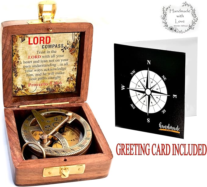 Trust in The Lord With All Your Heart - Proverbs 3:5-6 Quote Engraved Compass With Wooden Box, Greeting Card, Gift Compass, Graduation Day Gifts 2024 for Women Men Boys Girls