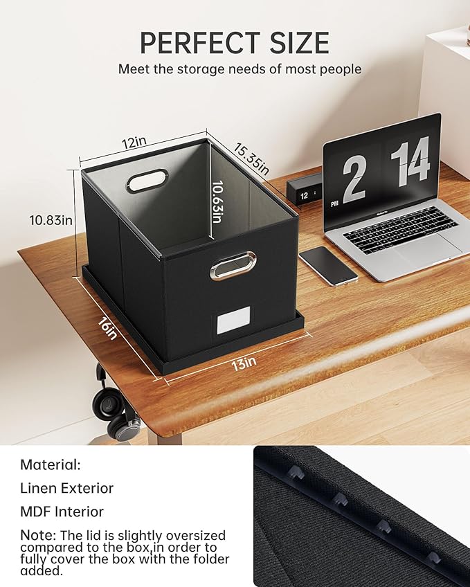 2 Pack File Storage Organizer, Filing Box, Portable File Box with Lid, Fit for Letter/Legal File Folder Storage, Document Organizer, Black