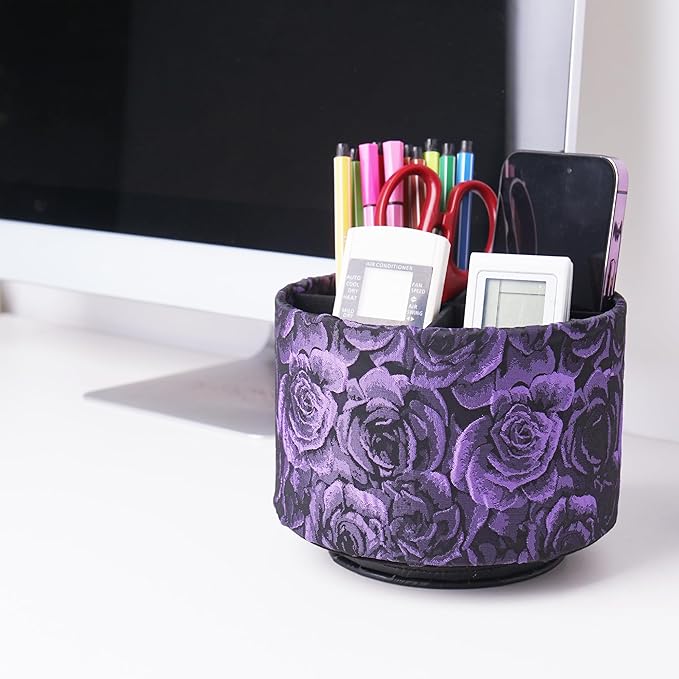 QIELIZI Round Leather Art Supply Organizer,Remote Control Holder,360 Degree Rotating,Multi-Functional Pencil Holder,4 Compartments Desktop Stationary Organizer(1-3D Rose Purple)