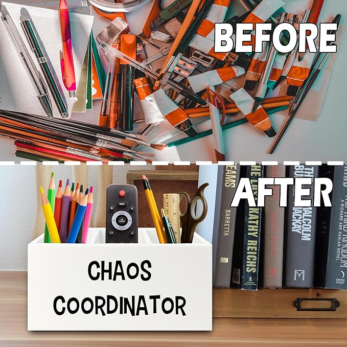 Chaos Coordinator Pen Pencil Holder Organizer for Desk, Thank You Gifts for Women Men Coworkers Boss Leader Manager, Appreciation Gifts Wooden Box Sign for Home Office Desk Tabletop Decorations