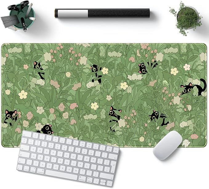 Green Desk Mat XL Cat Cute Plant Cool Desk Pad Keyboard Mat Kawaii Black Cat Flower Mouse Pad Green Desk Mat Desk Decor with Stitched Edges Non-Slip Large Computer Mat 31.5x15.7in