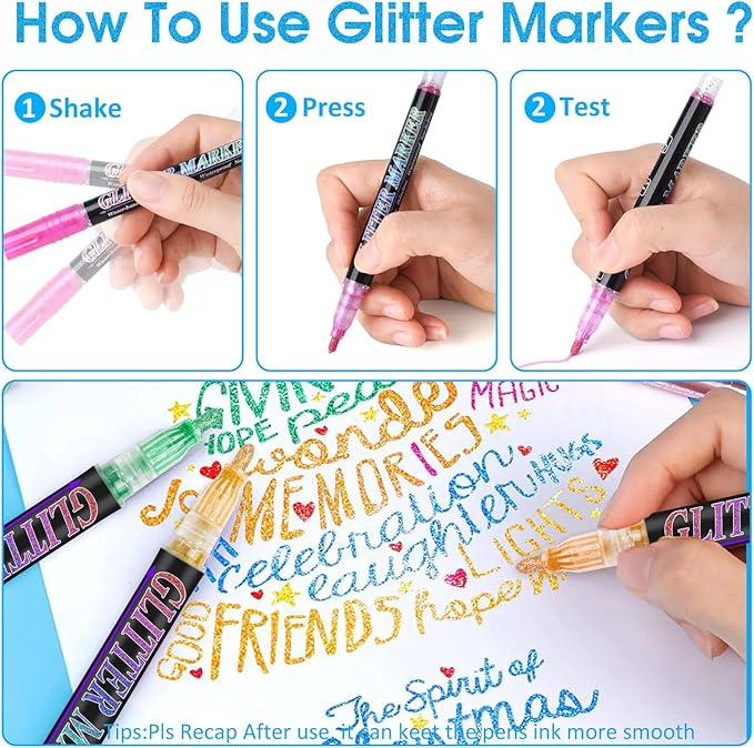 Glitter Marker Pens, 12 Colors Metallic Shimmer Glitter Markers Paint Pens, Glitter Art Marker for Kids Adults DIY Crafts Greeting Birthday Cards Making Poster Album Scrapbooking Wood