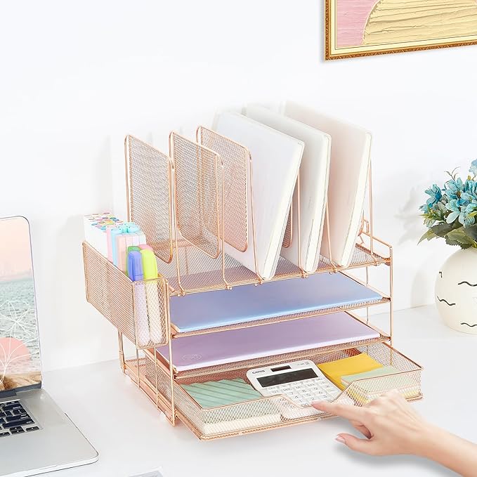 Desk Organizer with 5 Vertical File Holders, 3-Tier Paper Organizer and Drawer, Desk Accessories in Rose Gold