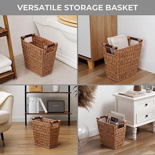 GRANNY SAYS Bathroom Wastebasket, Caramel Orange Woven Trash Can with Handles, Waterproof Wicker Waste Basket for Office, 1-Pack, 13" x 7 ½" x 12 ½"