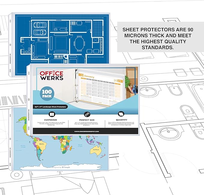 Performore 100-Pack Landscape Sheet Protectors | 11×8.5" Clear Top-Loading Sleeves | 3-Hole Punched, Acid-Free, Archival Safe Plastic for Binders, Scrapbooks, Photos & Documents