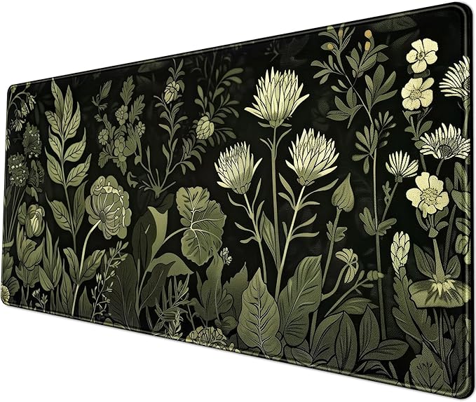 Sage Green Floral Black Plant Desk Pad Retro Aesthetics Mouse Pad Large Gaming Mouse Mat for Office Computer Keyboard Laptop Home with Stitched Edges,Non-Slip Base 31.5 X 11.8 in