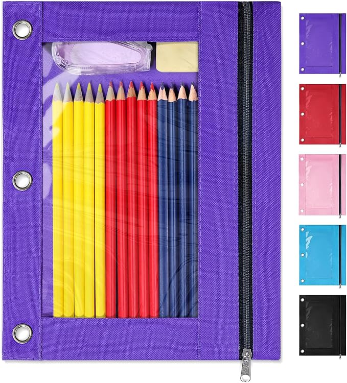 SUNEE Pencil Pouch for 3 Ring Binder, Pencil Bag for Binder with Zippers, Purple Pencil Case for Students Organizer, Purple