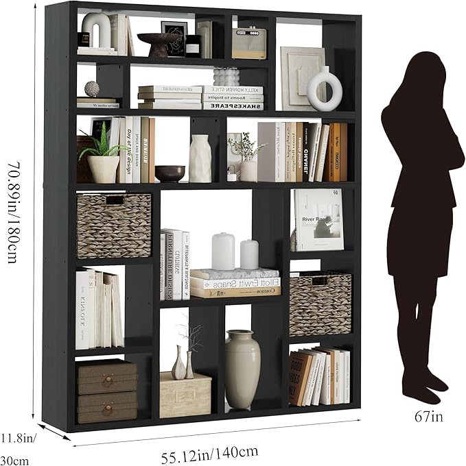 BLANKSPACE 71" H Large Bookcase with 6 Open Shelves & 2 Baskets - Heavy Duty Storage Shelf for Home Office, Living Room, Freestanding Organizer