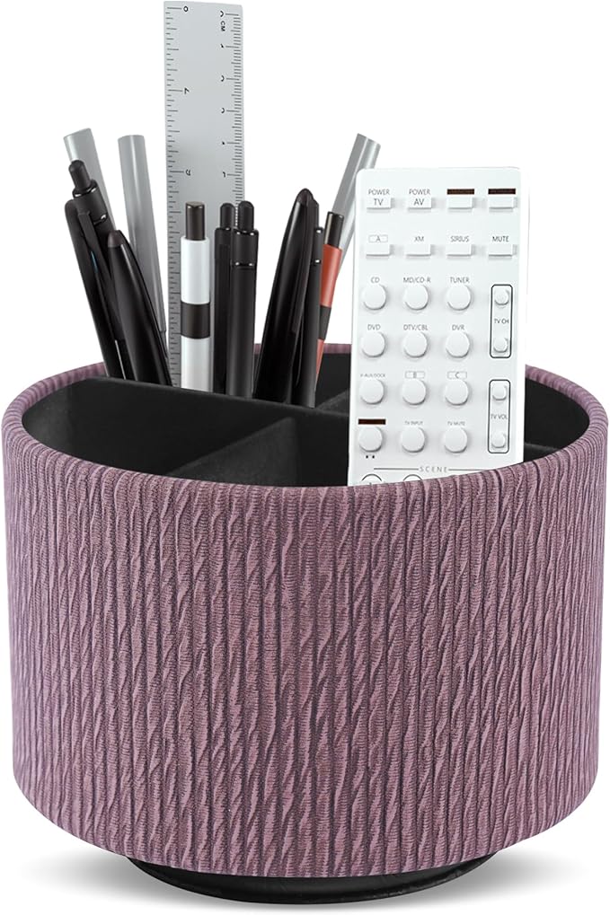 Hennaja Round Leather Art Supply Organizer,Remote Control Holder,360 Degree Spinning,Multi-Functional Pencil Holder,4 Compartments Desktop Stationary Organizer(1-Wood Soil)