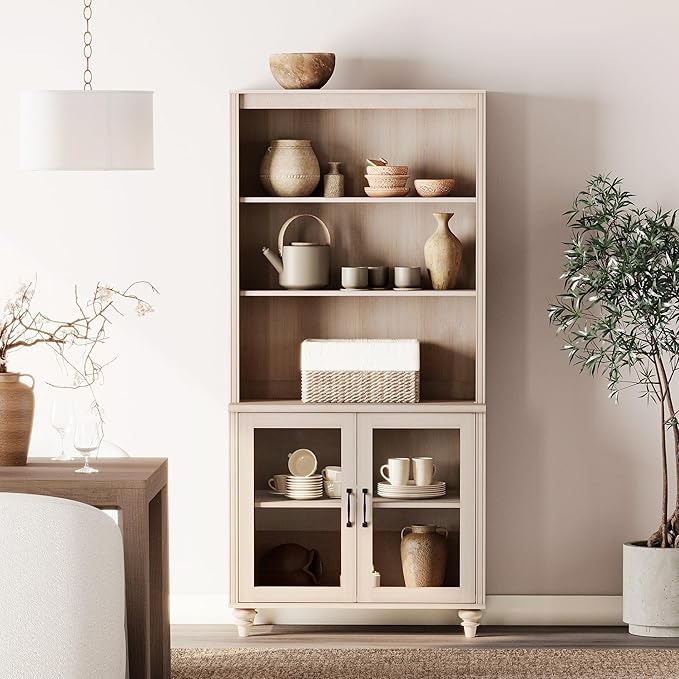 WAMPAT 5 Tier Bookshelf 72" Tall Bookcase with Glass Doors,Large Farmhouse Display Book Shelf with Adjustable Shelves and Storage Cabinet，Library Wood Bookshelves for Living Room,Kitchen, Light Oak