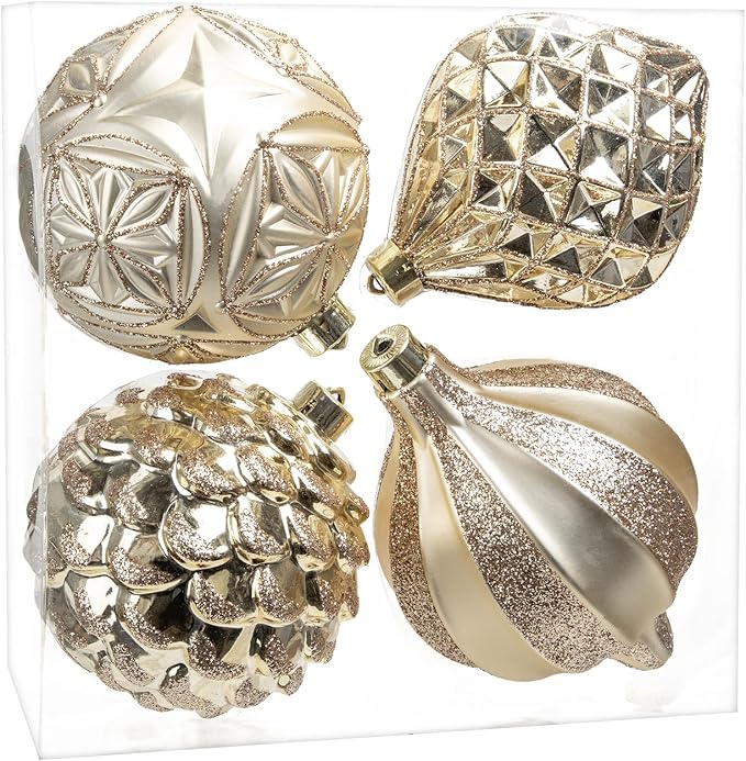 Hollyone 4.7 Inch Large Champagne Gold Christmas Ornaments 4Pcs Shatterproof Christmas Hanging Tree Balls for Xmas Tree Decor with Hook for Wedding Holiday Party Wreath Home Decor (Champagne, 120mm)