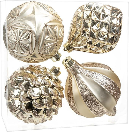 Hollyone 4.7 Inch Large Champagne Gold Christmas Ornaments 4Pcs Shatterproof Christmas Hanging Tree Balls for Xmas Tree Decor with Hook for Wedding Holiday Party Wreath Home Decor (Champagne, 120mm)