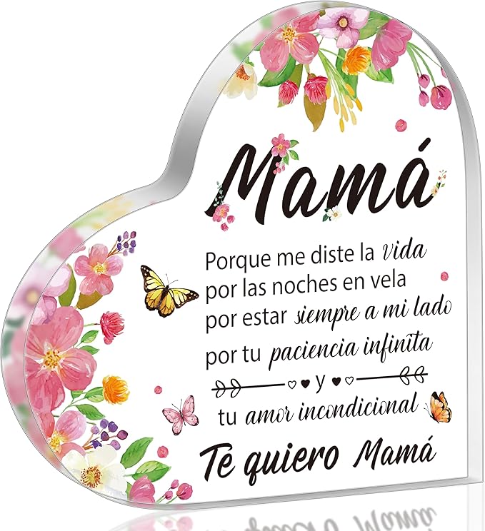 Yopyame Gifts for Mom Birthday - Regalos para Mamá Acrylic Gifts Spanish Mom Acrylic Heart Keepsake Paperweight from Daughter Son Mother's Day Birthday Christmas Valentines Acrylic Sign Plaque for Mom