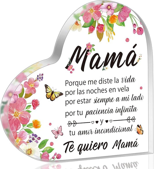 Yopyame Gifts for Mom Birthday - Regalos para Mamá Acrylic Gifts Spanish Mom Acrylic Heart Keepsake Paperweight from Daughter Son Mother's Day Birthday Christmas Valentines Acrylic Sign Plaque for Mom