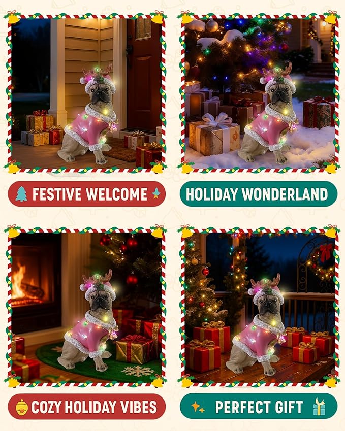 Christmas Outdoor Decoration Dog Statue, LED Light Cute English Bulldog Sculpture with Pink Santa Outfit & Lights for Garden and Yard, Indoor Holiday Décor Gift for mom and dad