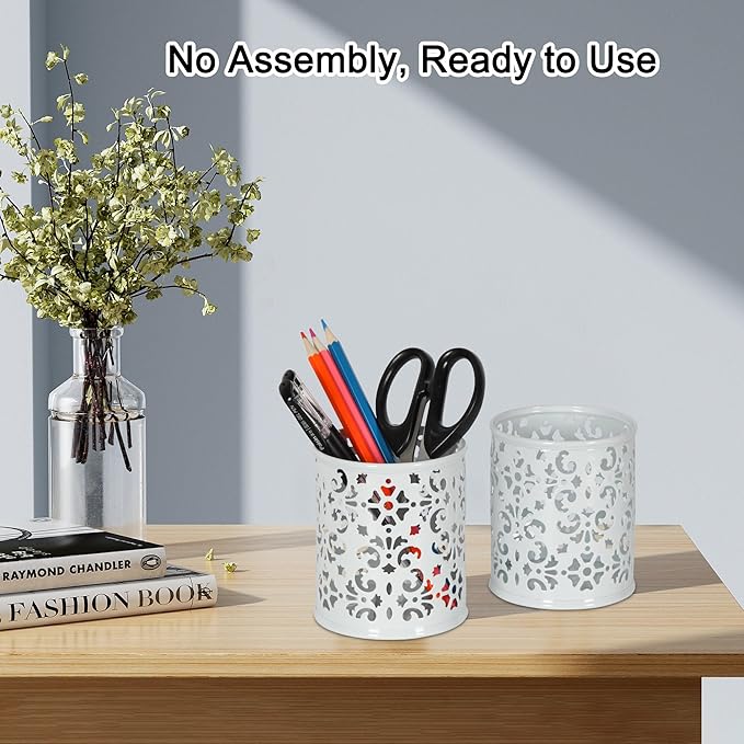 EasyPAG Metal 2-Piece Pen Holder Set Desk Accessories & Workspace Organizers for Classroom, School & Office,White