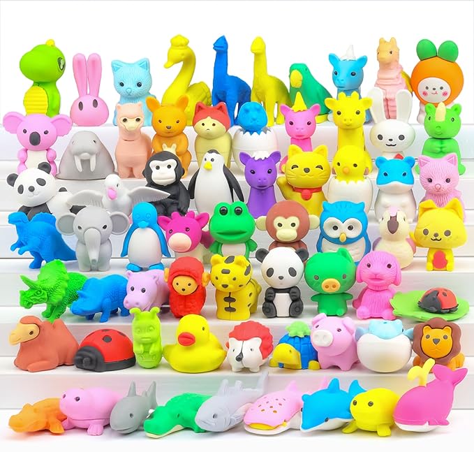 Animal Erasers for Kids, 65 Pcs Pencil Erasers Bulk Mini Animal Erasers Treasure Box Toys for Classroom Prizes School Supplies Party Favors