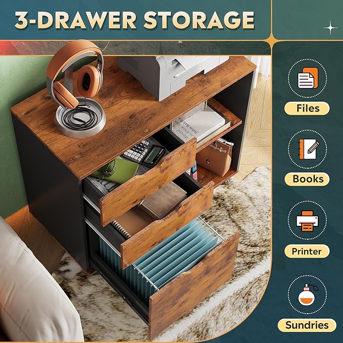 DEVAISE 3-Drawer Wood File Cabinet, Mobile Lateral Filing Cabinet, Printer Stand with Open Storage Shelves for Home Office, Rustic Brown