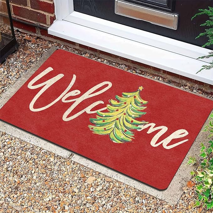 Christmas Welcome Tree Door Mat Merry Christmas Doormat Indoor Outdoor Entrance Floor Rug Non Slip Winter Decor Rubber Welcome Mats, 16" x 24" Inch