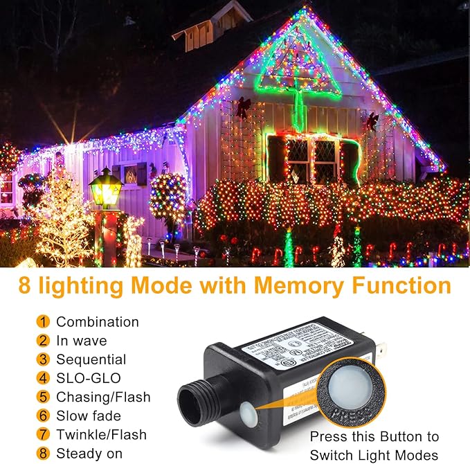 Haili 1000 Led Christmas Lights, Plug in 8 Lighting Modes Waterproof, Outdoor Christmas Lights for Tree Yard Party Indoor Outside Decorations (393FT, Multi Colored)