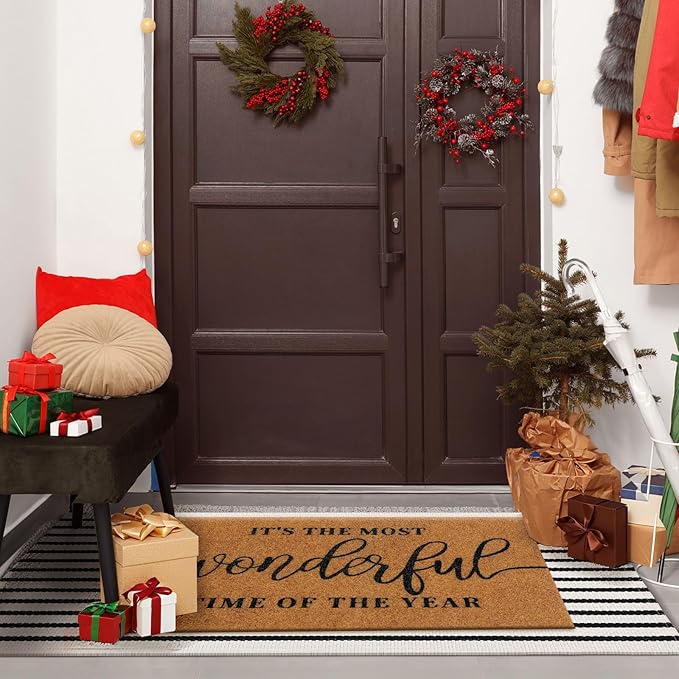 2 Pcs Christmas Coir Welcome Doormat Christmas Rug Outdoor Layered Buffalo Plaid Black and White Mat Stripe Mat for Xmas Front Porch Entryway Outdoor