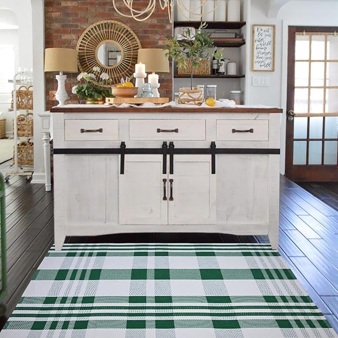 Christmas Door Mat Outdoor 3' x 5' Green and White Plaid Rug Christmas Decor Rug Cotton Hand-Woven Layered Door Mats Washable Carpet for Front Porch, Kitchen, Farmhouse, Entryway