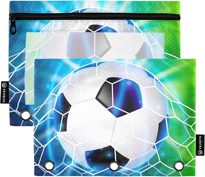 Soccer Ball Football on Field Pencil Pouch for 3 Ring Binder, 2 Pack Waterproof Pencil Bags Clear Window Pencil Case Zipper School Office Supplies