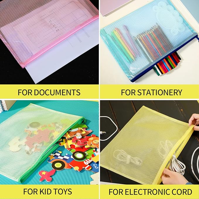 LEOBRO Mesh Zipper Pouch Bags, 13.2"x 9.2" Zipper Pouch, 4 pcs Mesh Bags with Zipper, Storage Bags Pouch for Organization Toy Puzzles Board Game Travel, File Jackets & File Pockets