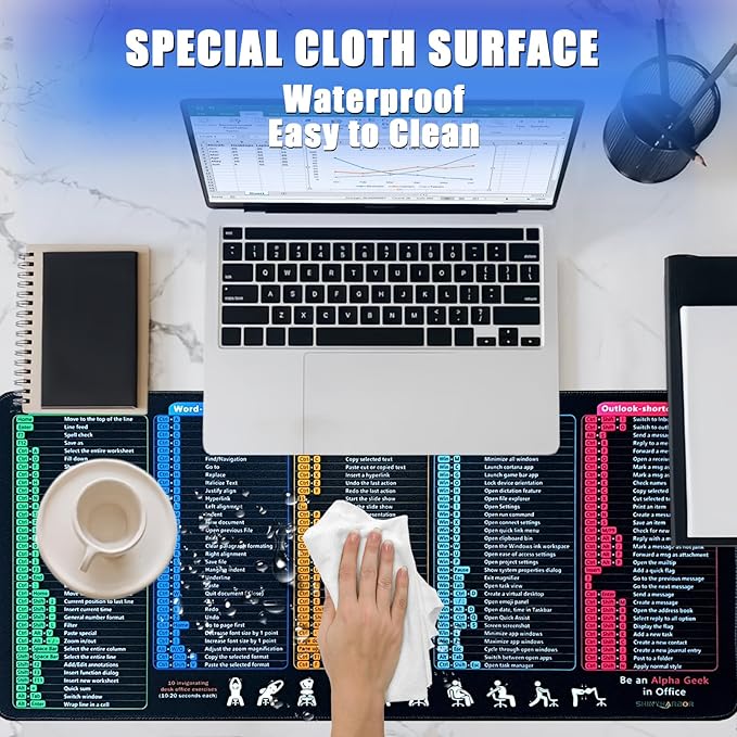 Windows/Excel/Word/PPT/Classic Outlook Cheat Sheet Desk Pad, MS Office Shortcuts Mouse pad, PC Desk Mousepad Mat,Non-Slip Stitched Edge, Employee Appreciation Gifts (27.4x11.8x0.12in)