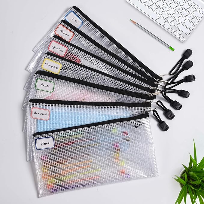12 Pcs Plastic Mesh Pencil Pouch, Waterproof Tear-Resistant Document File Folders, Zipper Documents Pouch Document Organizer Bags for School Office Business Home Travel Storage(9.25×4.25Inch)