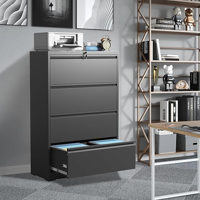 File Cabinets 4 Drawer,Metal Office Storage Filing Cabinet with Lock,Black Lateral Filing Cabinet for Home Office,Horizontal Locking File Cabinets for Legal/Letter/A4,Assembly Require,Black