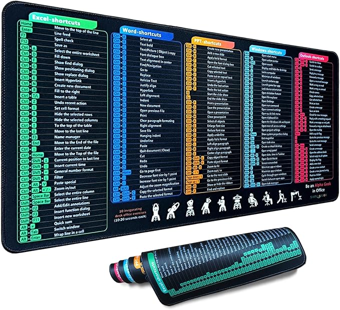 Windows/Excel/Word/PPT/Classic Outlook Cheat Sheet Desk Pad, MS Office Shortcuts Mouse pad, PC Desk Mousepad Mat,Non-Slip Stitched Edge, Employee Appreciation Gifts (27.4x11.8x0.12in)