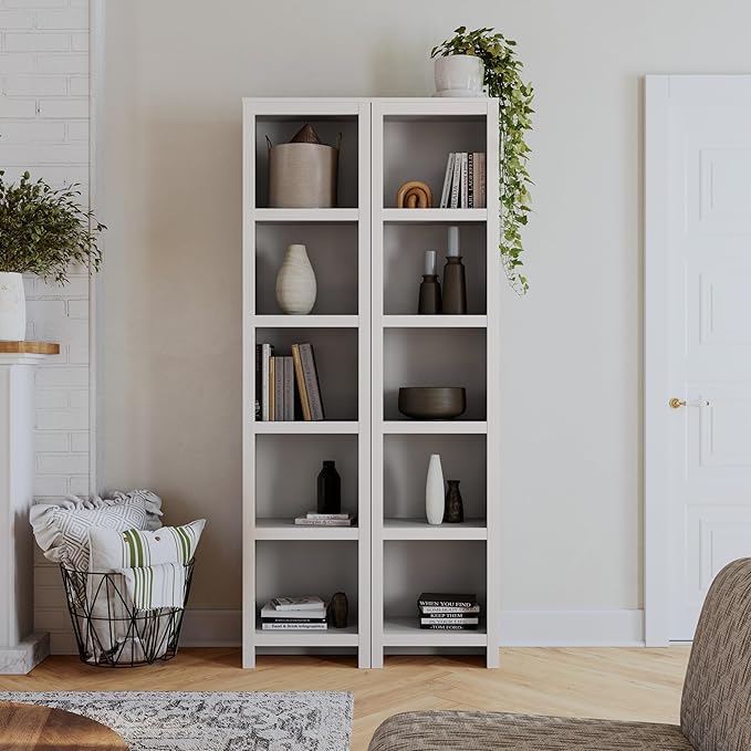 Prepac Moda 80" Tall 5-Tier Narrow Bookcase in White, Modern Storage Accent Bookshelf with 3 Adjustable Shelves for Home, Office, Living Room, Bedroom
