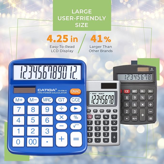 CATIGA Desktop Calculator 12 Digit with Large LCD Display and Sensitive Button, Solar and Battery Dual Power, Standard Function for Office, Home, School, CD-2786