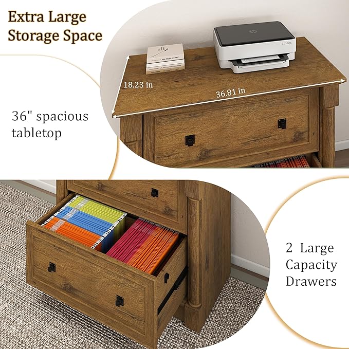 blini 2 Drawer File Cabinet Farmhouse Lateral File Cabinet with Hanging File Folders，Fits Letter/Legal/A4 Sizes, 36.8" Large Wood File Storage Cabinets Printer Stand for Home Office