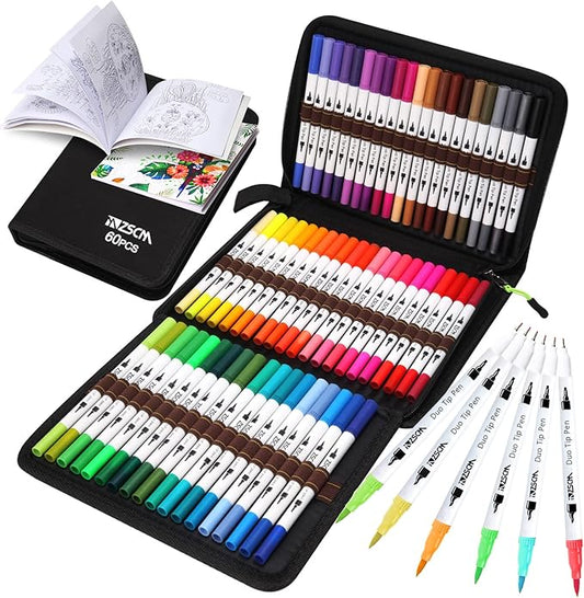 ZSCM Art Duo Tip Brush Markers Set, 60 Colors Fine Brush Tip Artist Drawing Pens Set with Coloring Book, for Adult Sketching Journal Planner School Supplies Gifts