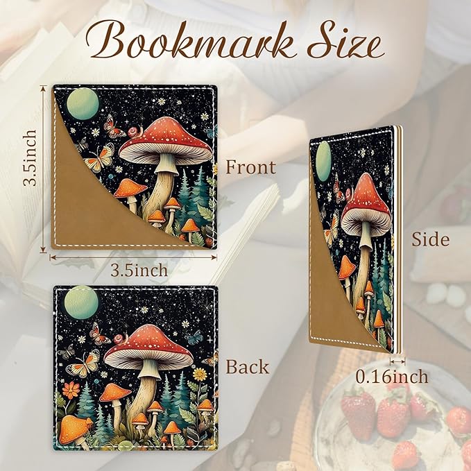 Cute Mushroom Corner Bookmarks, Leather Book Accessories for Book Lovers, 3 Pcs Reading Book Page Markers for Women Men Student Teacher Girls Boys Kids Retirement Birthday Gifts
