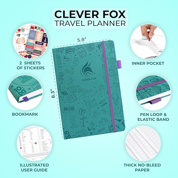 Clever Fox Travel Journal – Vacation & Trip Organizer with Budget Plan, Packing List, Travelling Expense Tracker, A5 (Turquoise)